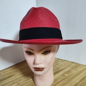 Equador Women's Handwoven Montecristi panama hat Red Sz 59 Unworn Condition